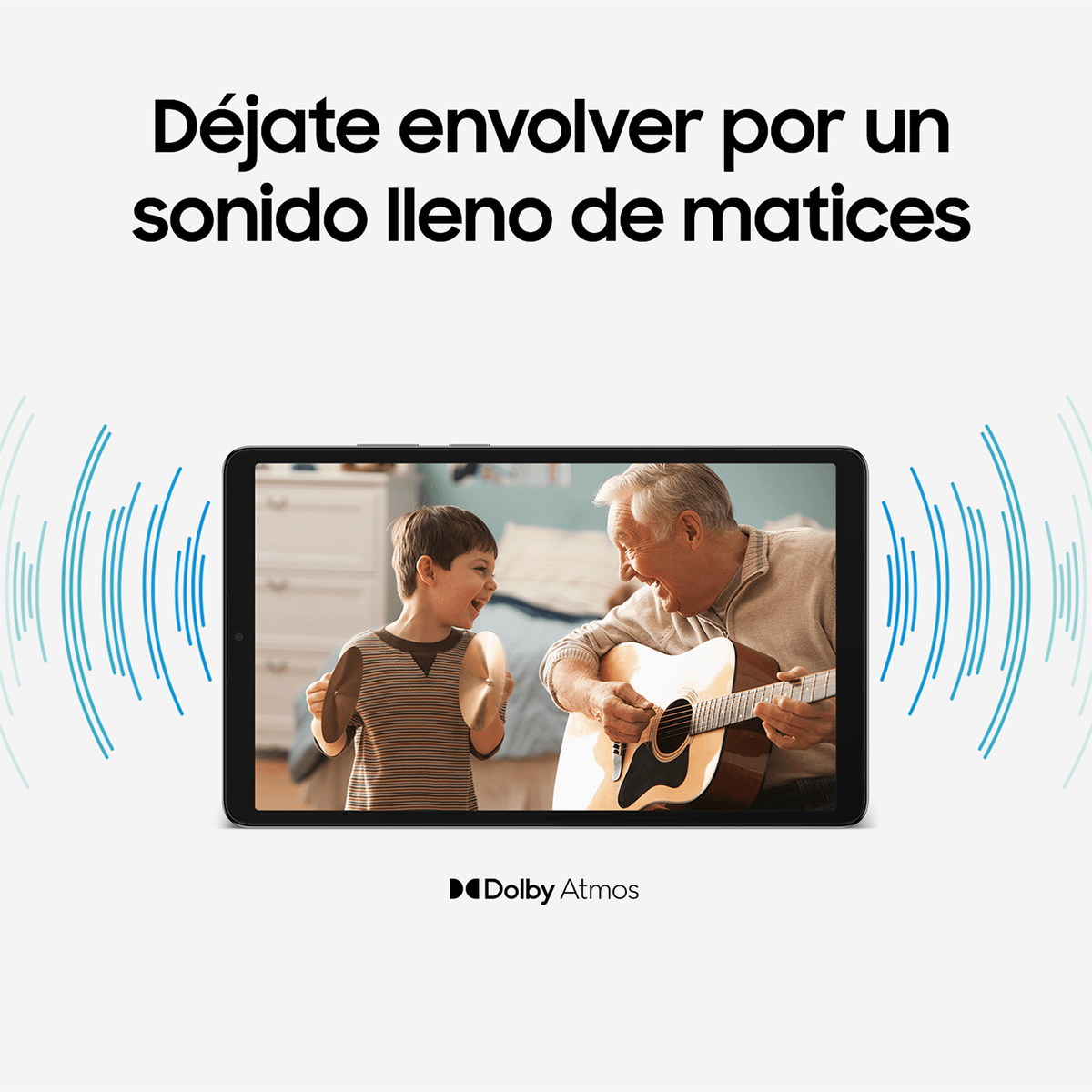 Una tableta muestra a un niño y un abuelo riendo. El abuelo toca la guitarra. Ondas sonoras azules y texto en el fondo.