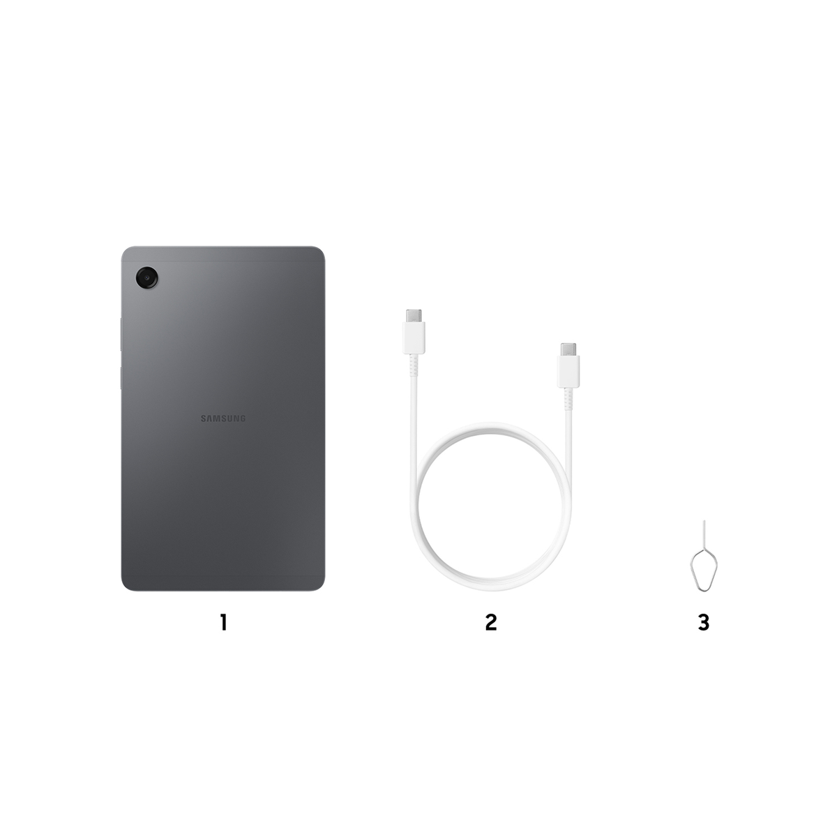 Una tableta, un cable blanco y una herramienta para extraer la tarjeta SIM sobre fondo blanco. La tableta es gris, con la marca SAMSUNG impresa.