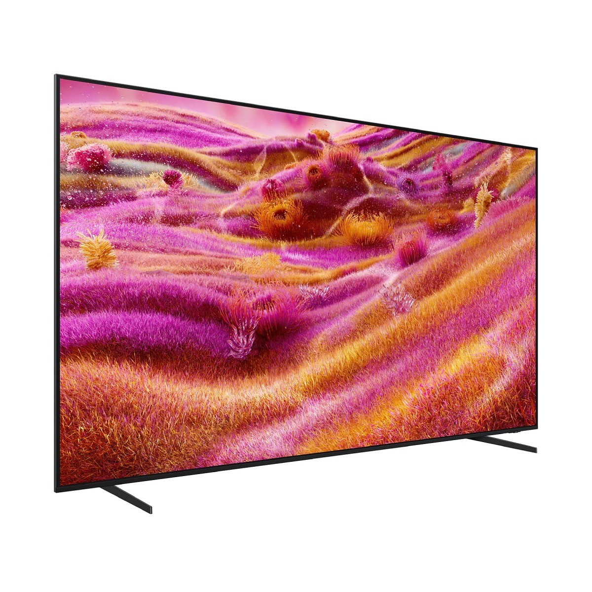 Un televisore mostra un paesaggio vibrante di erbe viola, arancioni e gialle. Il televisore è nero, angolato e ha un design elegante.