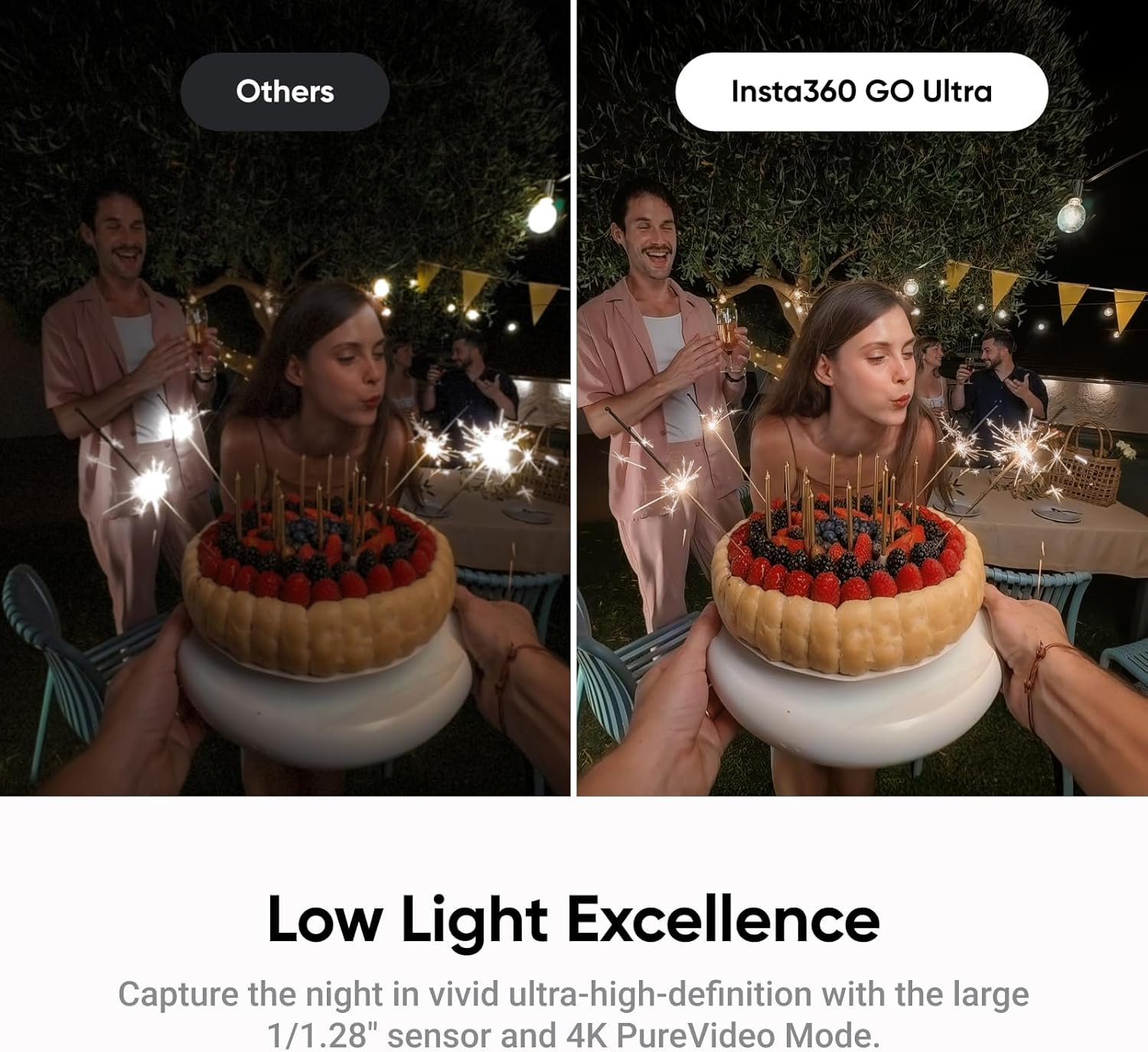 Eine Frau bläst Kerzen auf einem mit Früchten belegten Kuchen aus, der von Händen gehalten wird. Menschen im Hintergrund feiern Geburtstag. Funkelnde Lichter.