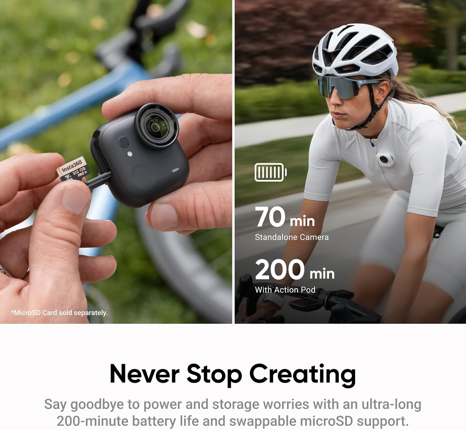 Eine Person steckt eine microSD-Karte in eine kleine schwarze Kamera. Ein Radfahrer in weißer Ausrüstung fährt Fahrrad. Text hebt die Akkulaufzeit hervor.