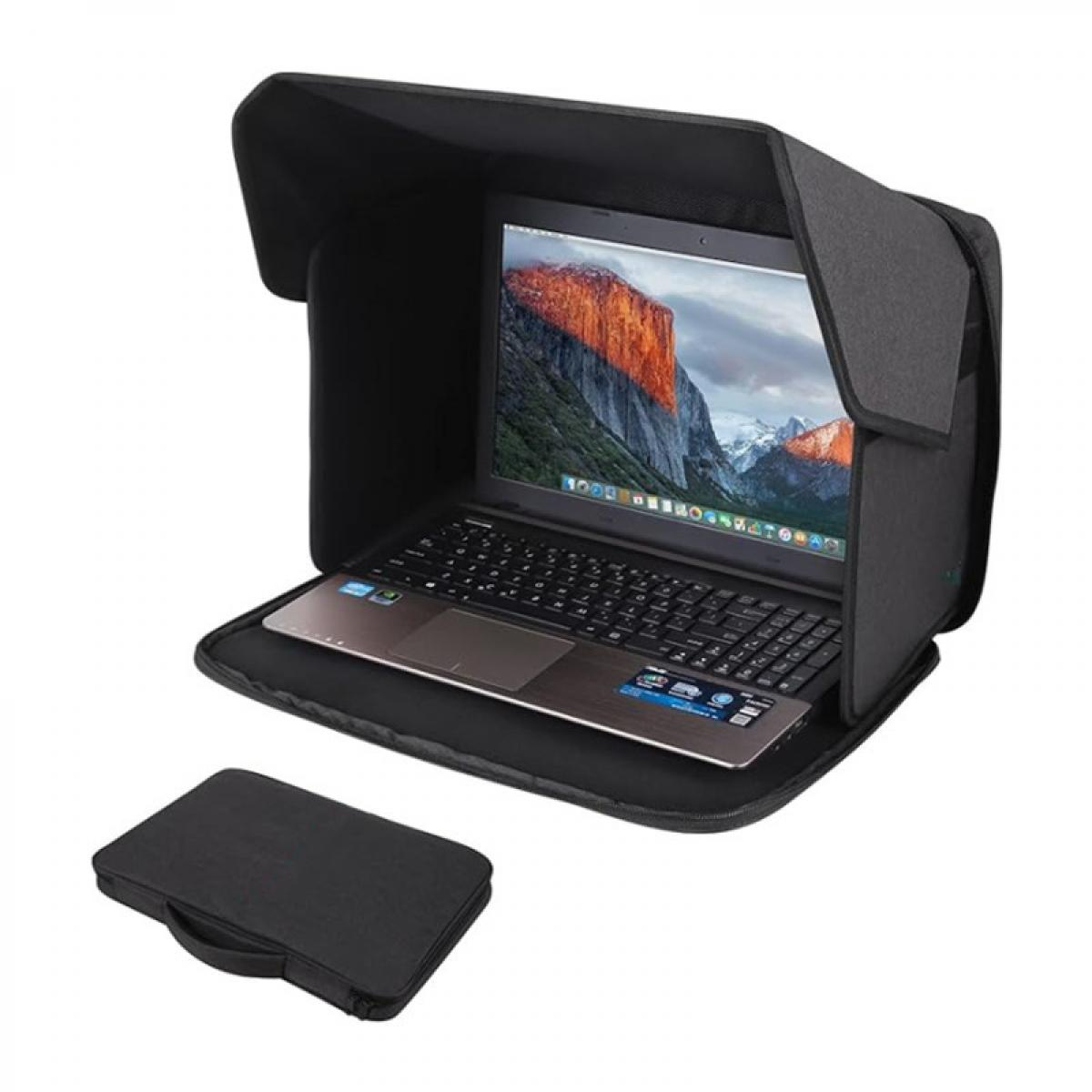 Laptop in schwarzer Sichtschutzhaube. Links eine separate schwarze Tasche mit Griff. Der Bildschirm zeigt eine Berglandschaft.