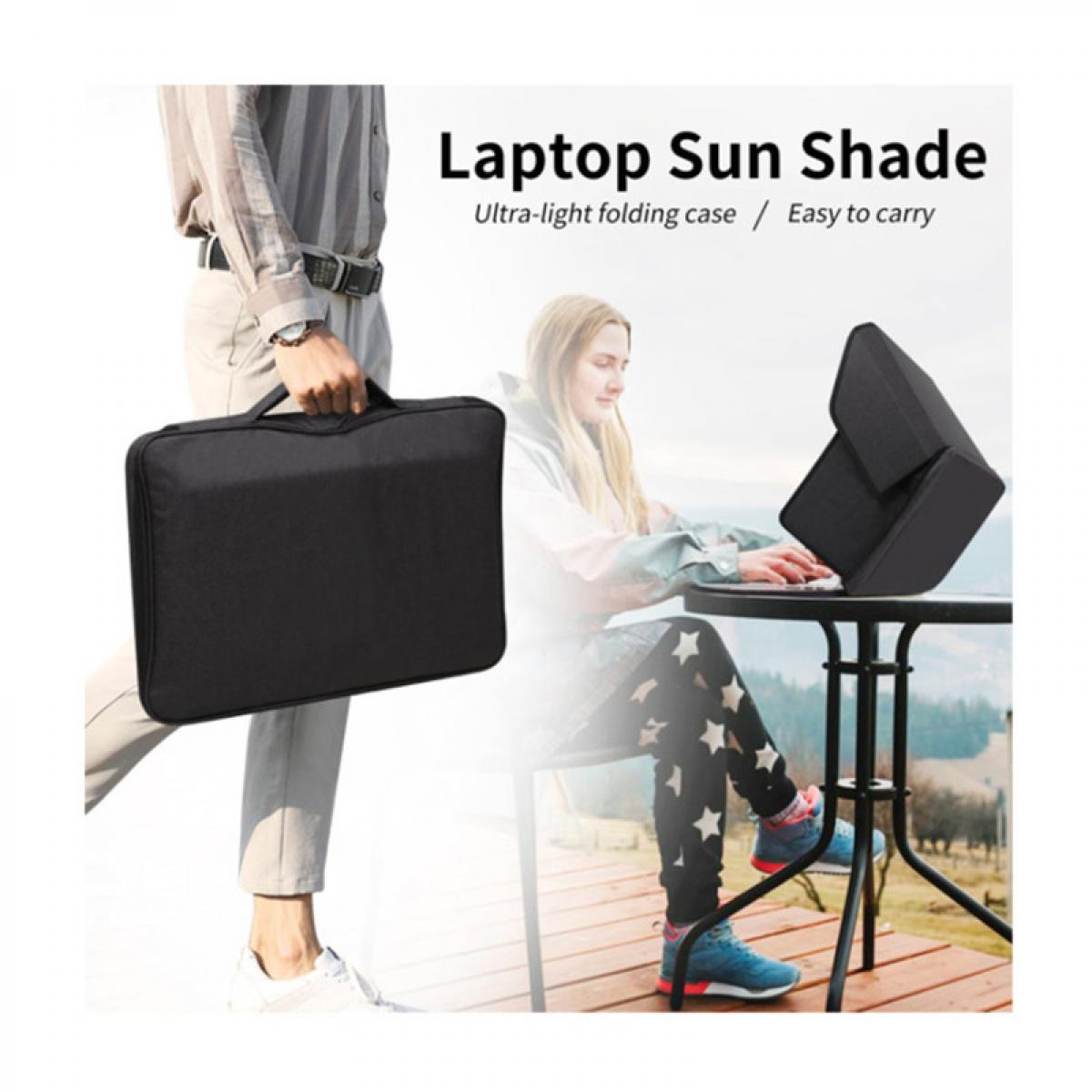 Das Bild zeigt eine Laptop-Sonnenblende. Eine Person hält eine schwarze Laptoptasche. Eine andere benutzt die Blende mit einem Laptop am Tisch.