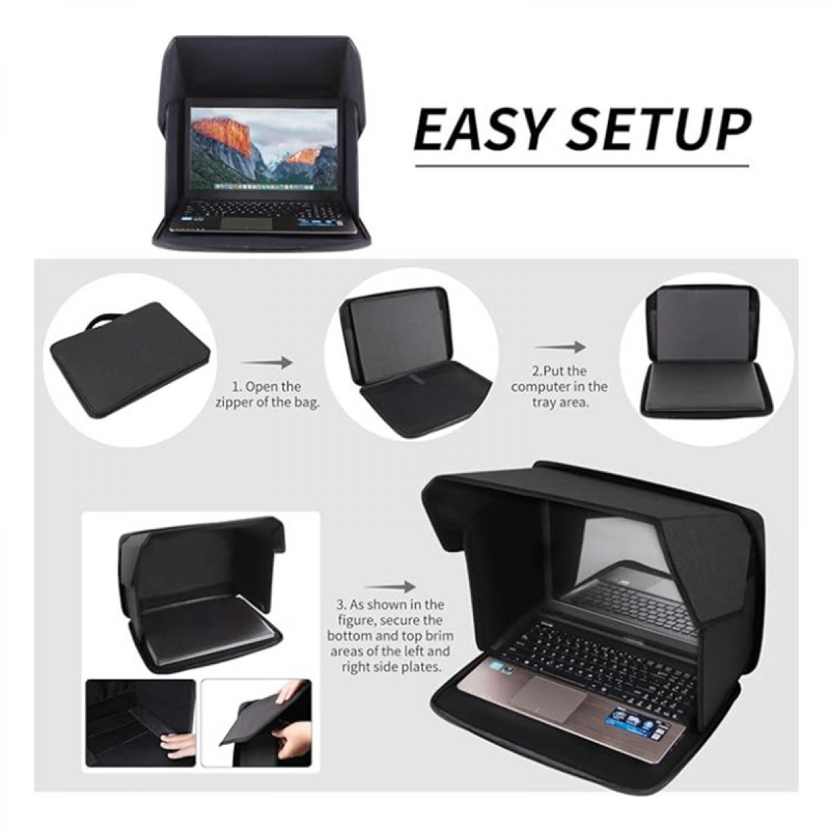 Diagramm, das die Schritte zum Einrichten eines Laptops zeigt. Enthält Tasche, Tablett und Anweisungen zur Befestigung des Rands.