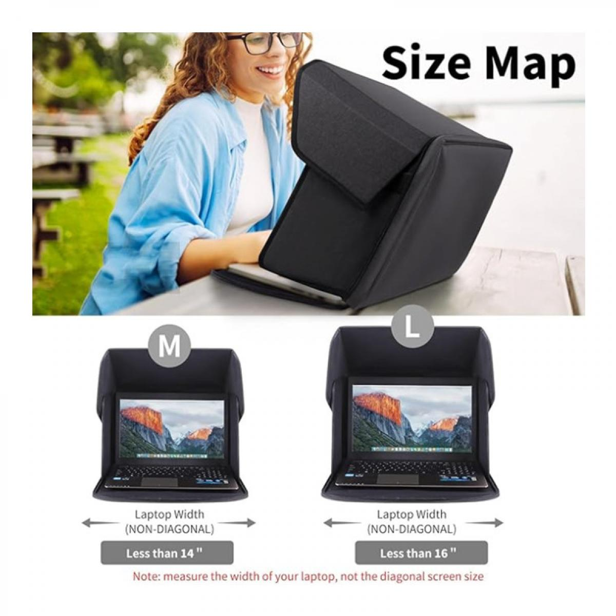 Das Bild zeigt eine Frau, die einen Laptop mit Sichtschutz verwendet. Darunter werden zwei Laptop-Displays mit Größenangaben und Messungen gezeigt.