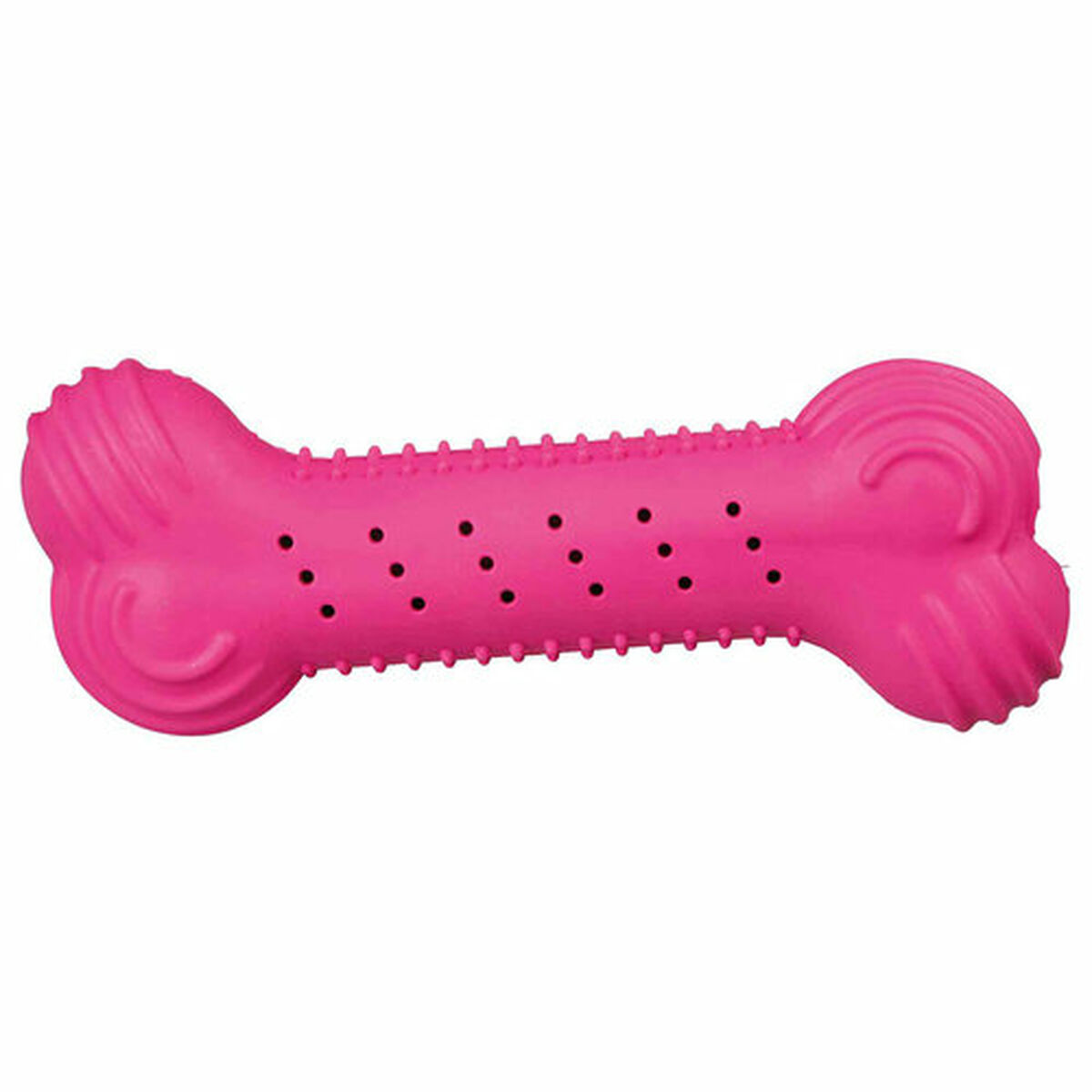 Un giocattolo a forma di osso rosa per cani con fori neri e superfici strutturate. Le estremità sono arricciate. Lo sfondo è bianco.