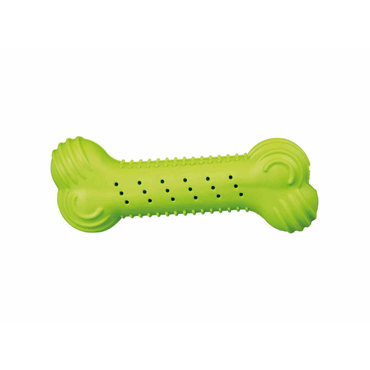 Un giocattolo verde a forma di osso per cani. Ha piccoli fori al centro e bordi strutturati. Le estremità hanno un design a spirale.