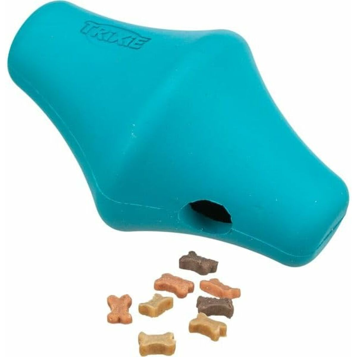 Un giocattolo per cani turchese con la scritta 'TRIXIE' in alto. Sotto il giocattolo ci sono piccoli snack per cani di vari colori.