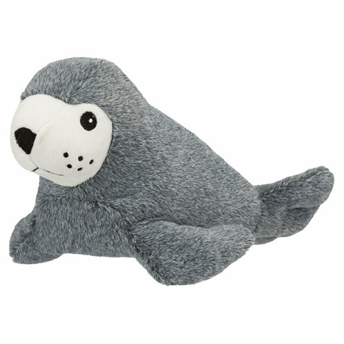 Un juguete de peluche gris con una cara blanca, ojos y bigotes negros, y aletas, colocado sobre un fondo blanco.