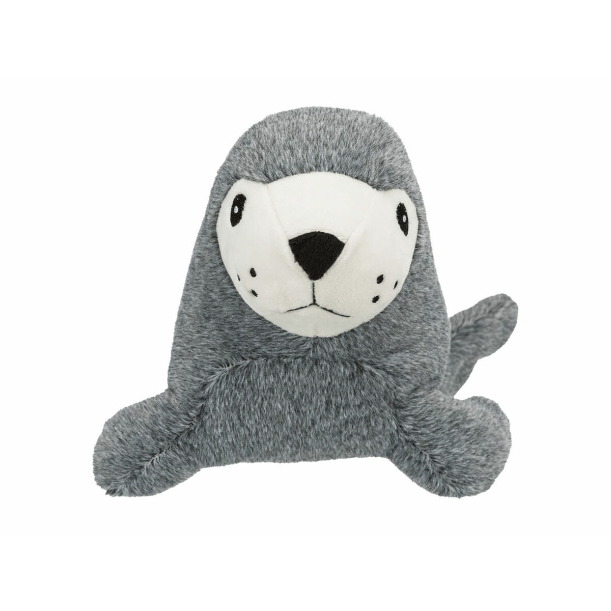 Un juguete de peluche de foca. Tiene pelaje gris, cara blanca, ojos y nariz negros, y pequeños puntos negros.
