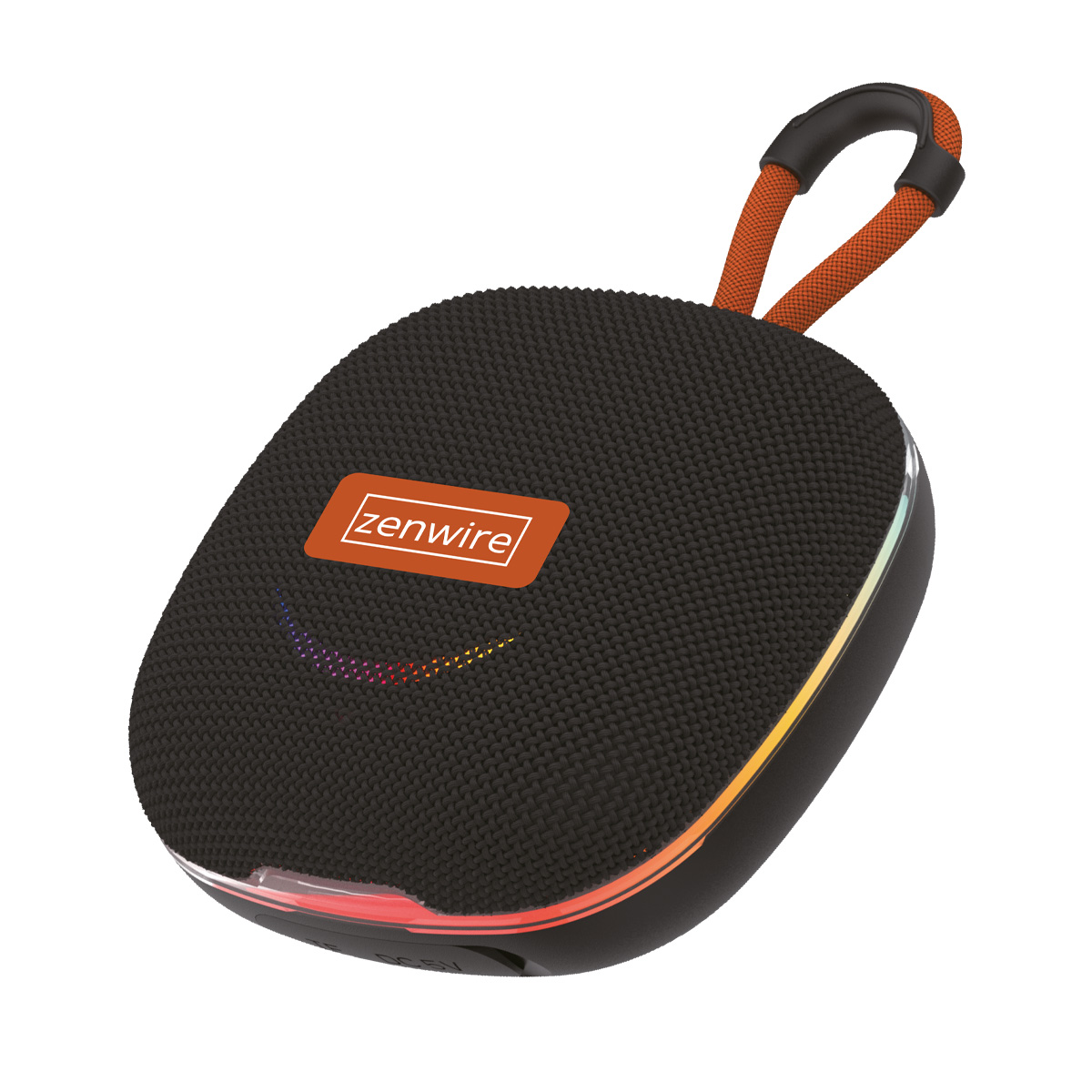 Czarny głośnik z pomarańczowym uchwytem i akcentami. Głośnik ma logo i kolorowe światła. Znajduje się na białym tle.