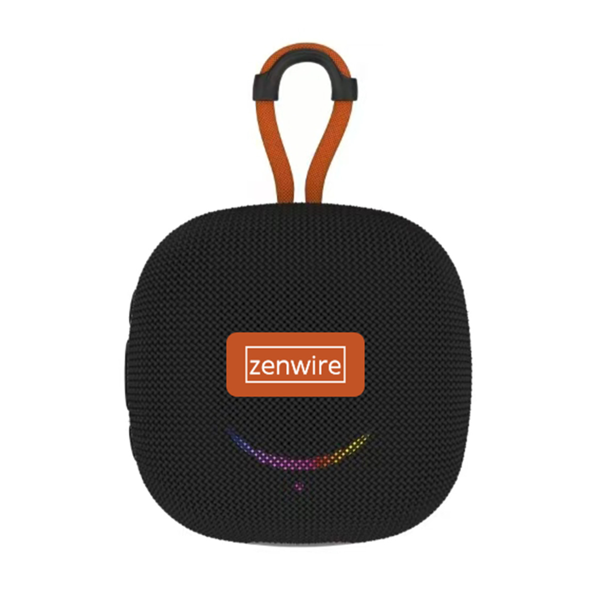 Czarny, kwadratowy głośnik z pomarańczowym uchwytem. Ma logo 'zenwire' i kolorowy wzór świetlny.