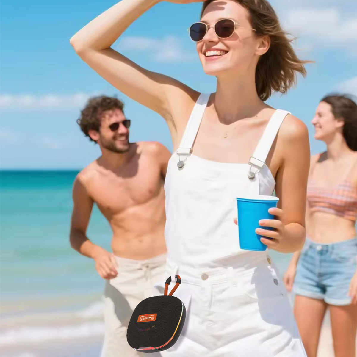 Kobieta w białym kombinezonie i okularach przeciwsłonecznych uśmiecha się na plaży, trzymając niebieski kubek, z dwiema osobami w tle.