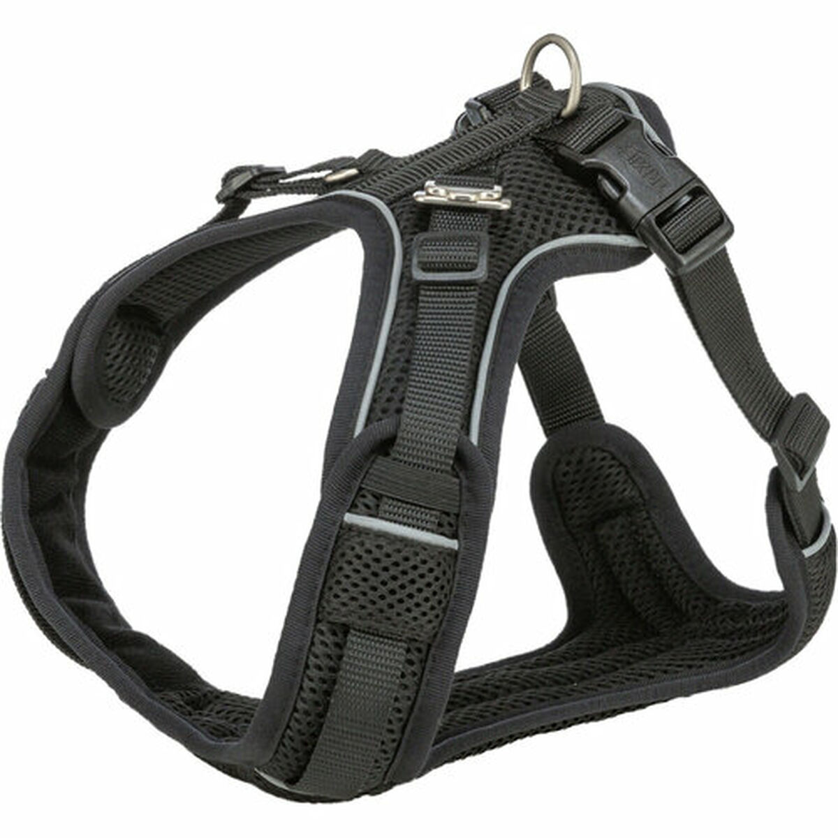 Ein schwarzes Hundegeschirr mit reflektierenden Streifen. Es hat verstellbare Gurte, einen Metallring und Kunststoffschnallen. Mesh-Design.