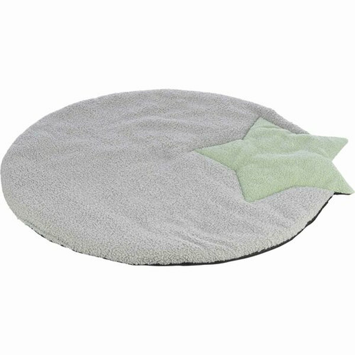 Un letto rotondo per animali domestici con base in peluche grigio e un cuscino verde a forma di stella. Il letto ha un bordo nero.