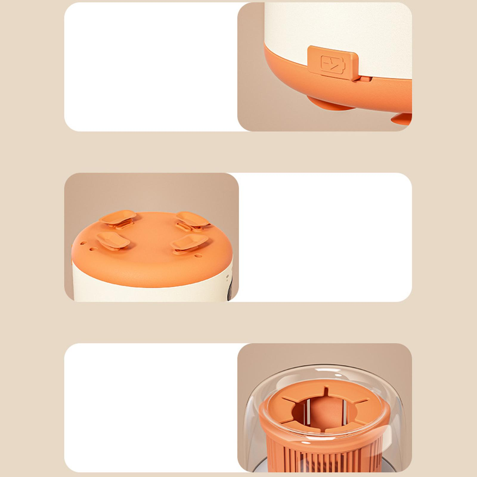 Nahaufnahme eines weiß-orangen Geräts. Details umfassen orangefarbene Saugnäpfe, einen Stromanschluss und einen Innenfilter.