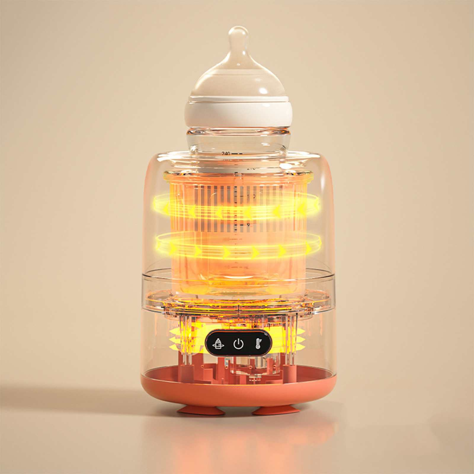 Ein Babyflaschenwärmer, transparent mit orangefarbenem Innenraum, hat oben eine Flasche. Beleuchtete Ringe und Bedienelemente sind sichtbar.