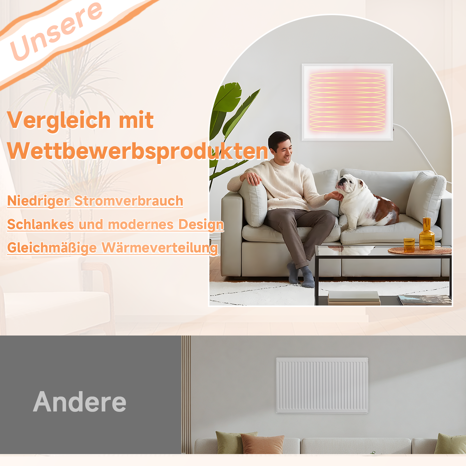 Ein Mann streichelt einen Bulldoggen auf einer Couch. Ein Heizkörper befindet sich an der Wand. Text auf Deutsch.