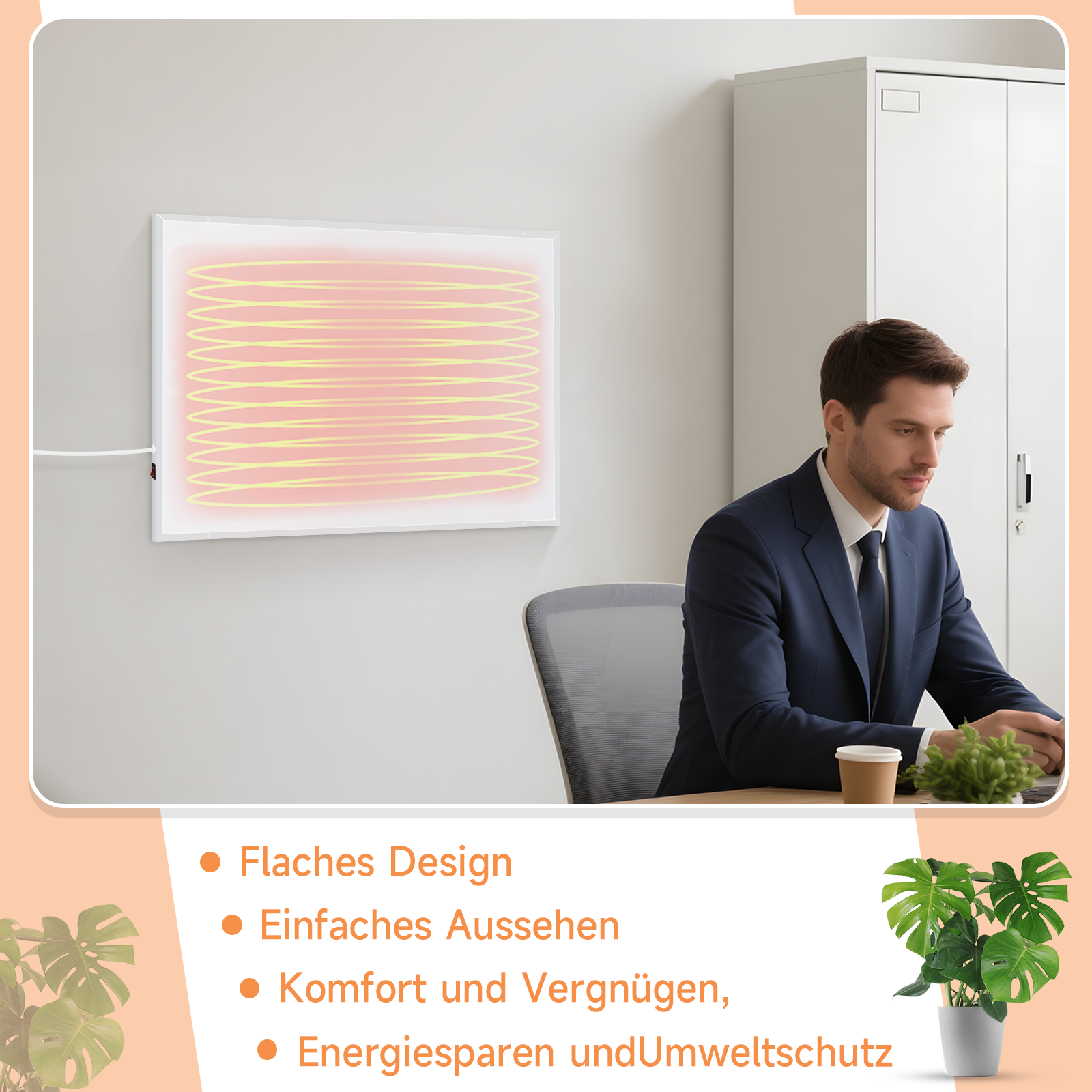 Ein Mann im Anzug arbeitet an einem Schreibtisch. Über ihm ein Wandheizkörper mit gelben Linien. Eine Pflanze und eine Kaffeetasse sind sichtbar.