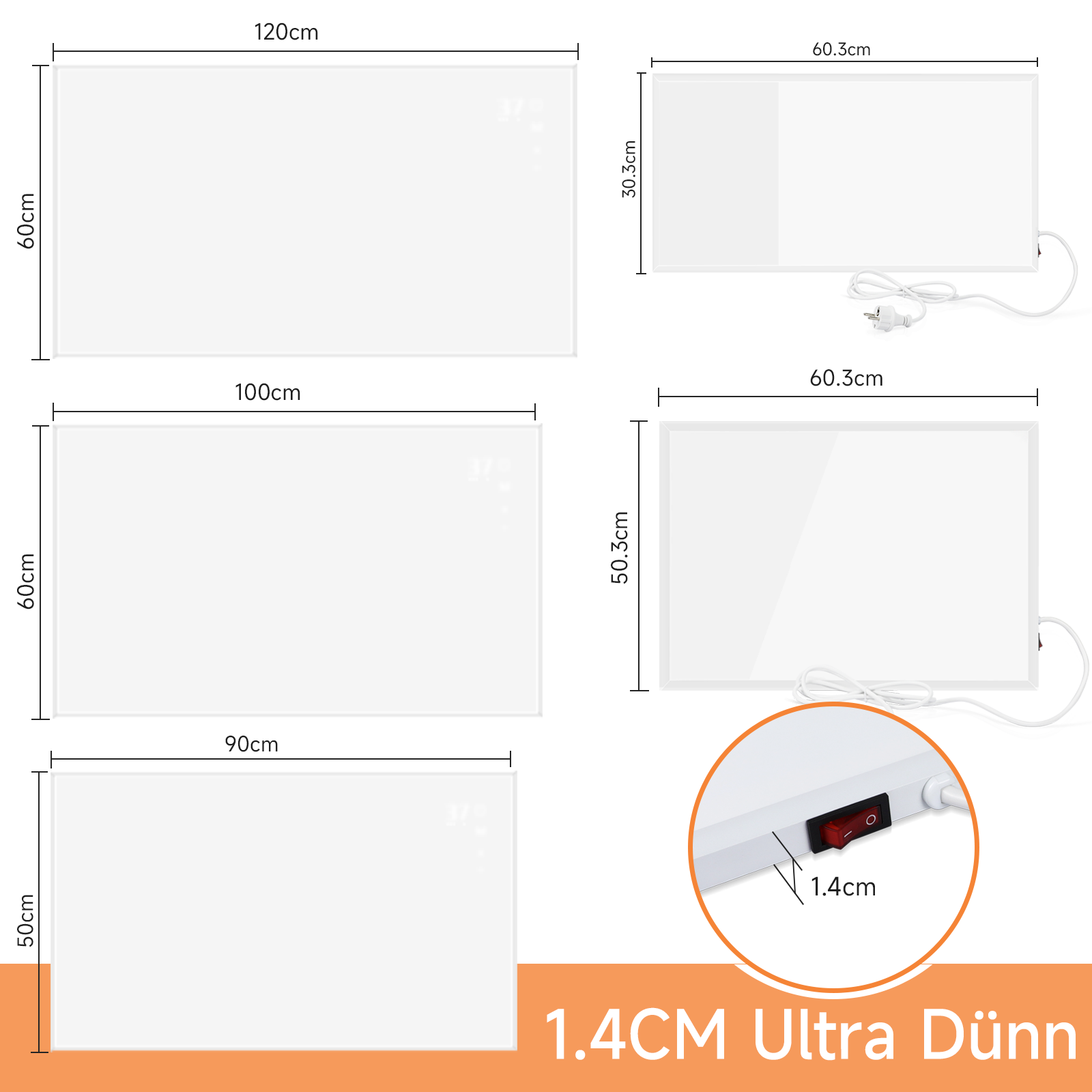 Das Bild zeigt weiße Heizpaneele mit Abmessungen. Eine Nahaufnahme zeigt einen Schalter und den Text '1,4CM Ultra Dünn'.