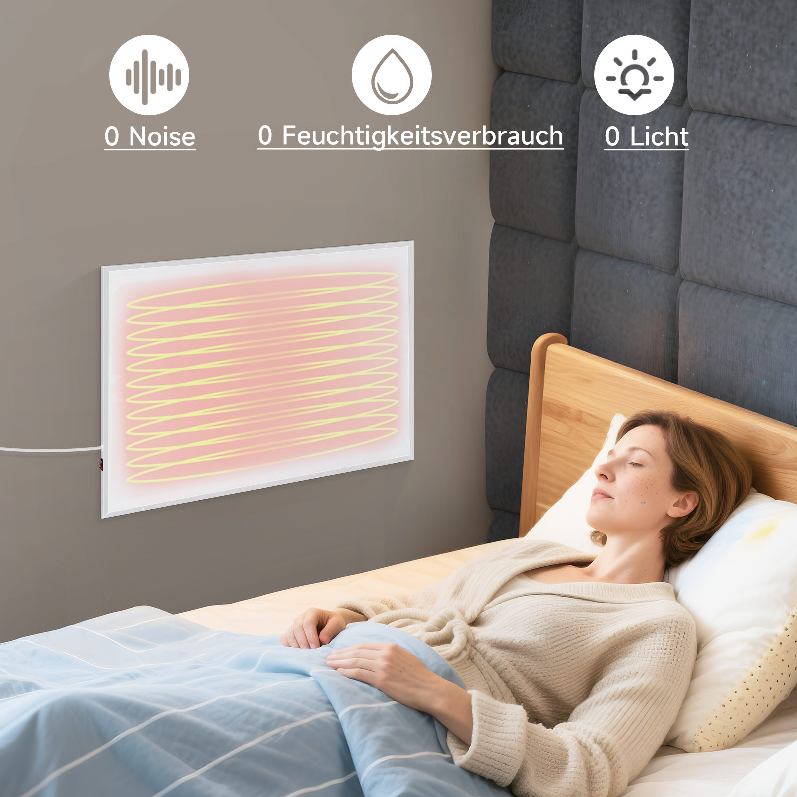 Eine Frau schläft im Bett. Ein Heizgerät befindet sich an der Wand. Symbole zu Lärm, Luftfeuchtigkeit und Licht befinden sich über dem Heizgerät.