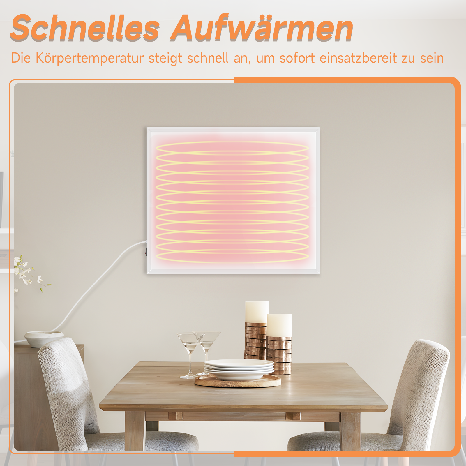 Ein Heizpaneel über einem Tisch mit Tellern, Gläsern und Kerzen. Text oben: 'Schnelles Aufwärmen'.