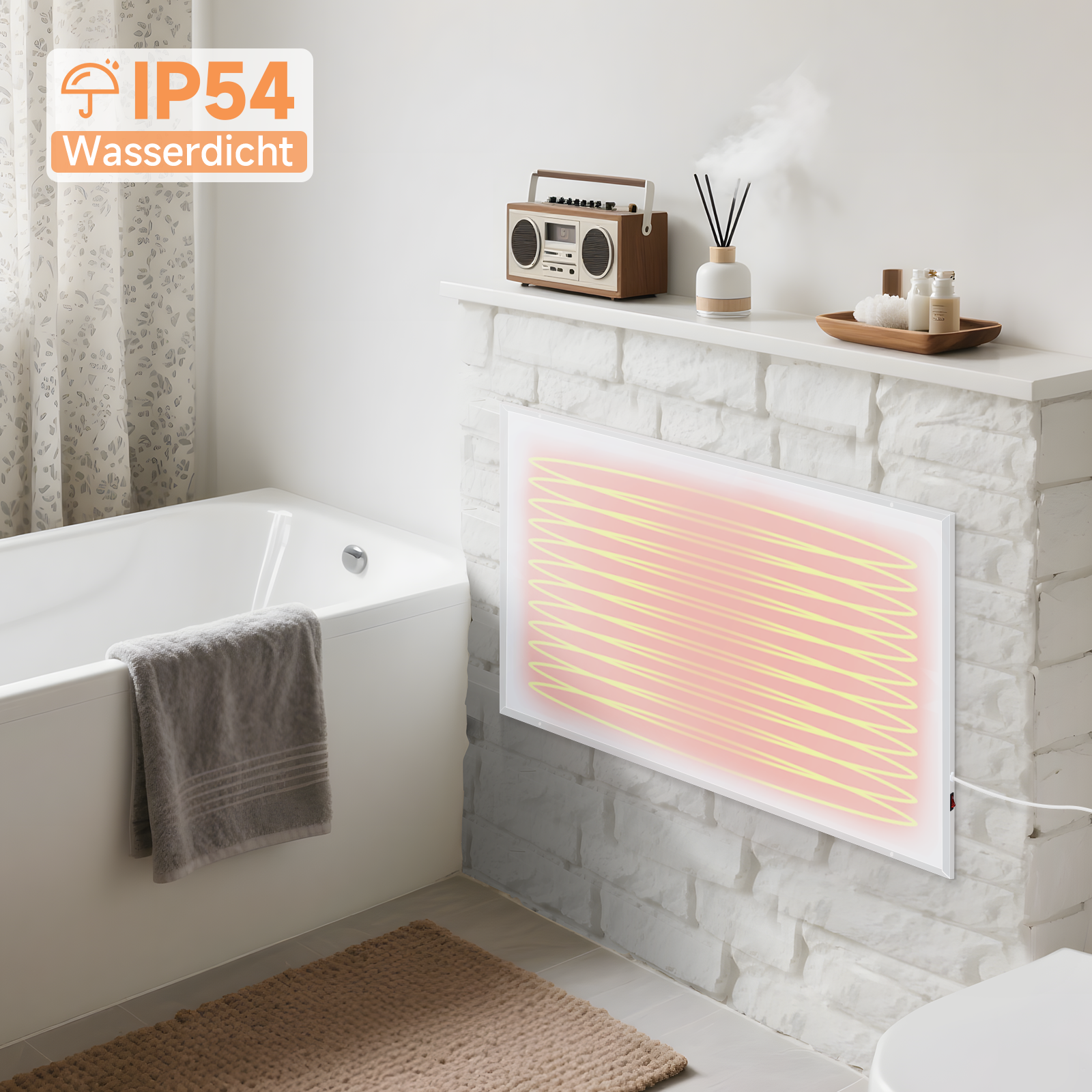 Ein Badezimmer mit Badewanne, Heizpaneel und Zubehör. Das Panel hat ein gelbes Muster. Die Wand ist weiß.
