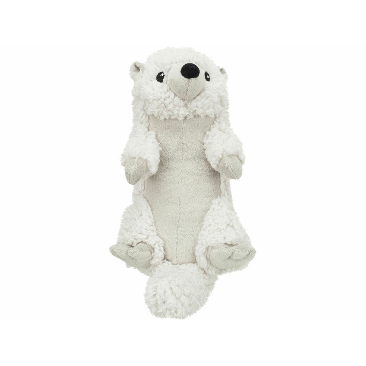 Un giocattolo a forma di lontra di peluche. È bianco con dettagli grigi sulle zampe e sulla pancia e ha naso e occhi neri.