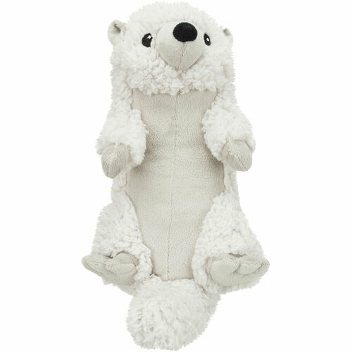 Un giocattolo a forma di lontra di peluche bianco. Ha un naso nero e piccoli occhi. Il corpo è grigio chiaro, con pelliccia soffice e piccole zampe grigie.