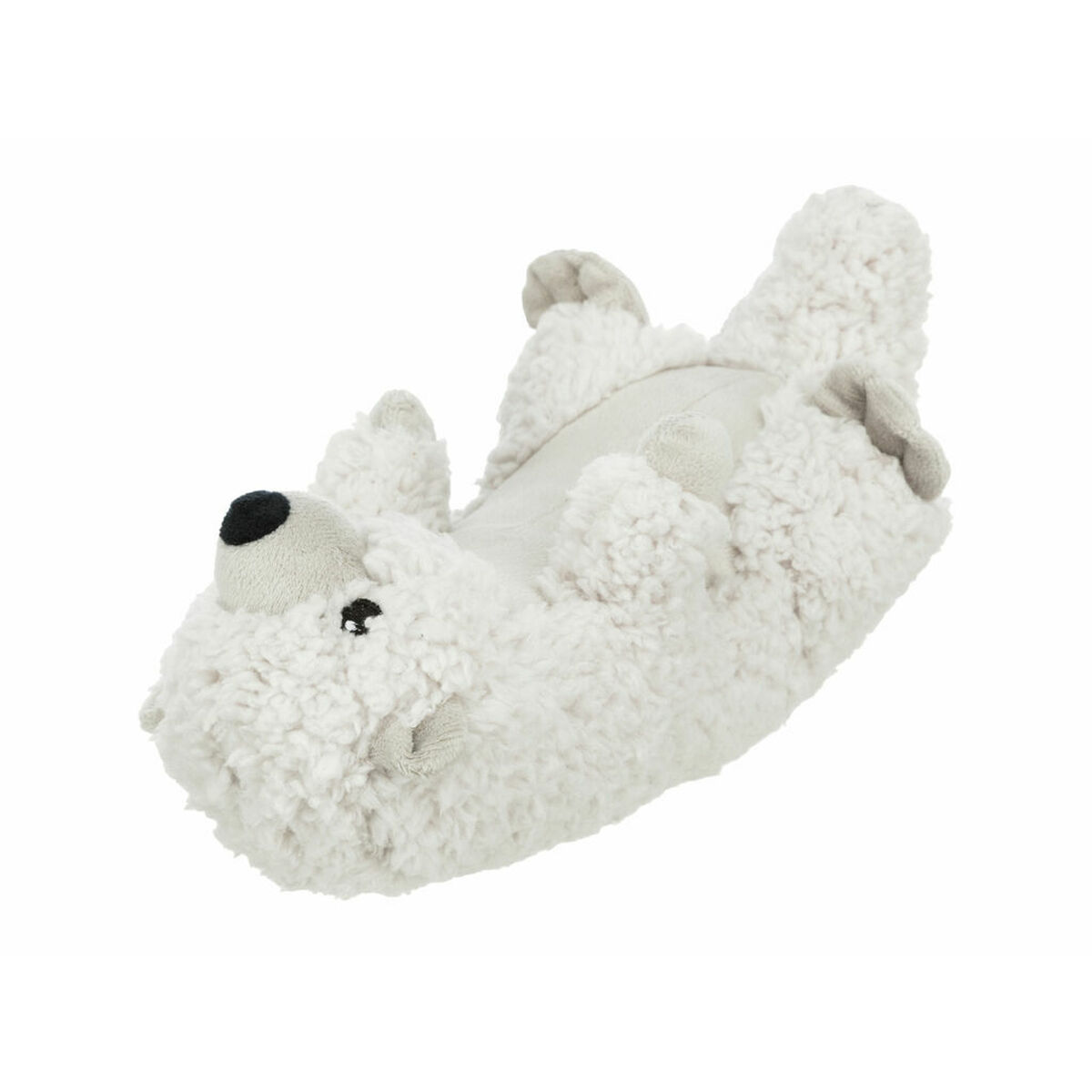 Un orsacchiotto polare bianco di peluche è capovolto. Ha un naso nero, piccoli occhi e orecchie grigie. La pelliccia è morbida e strutturata.