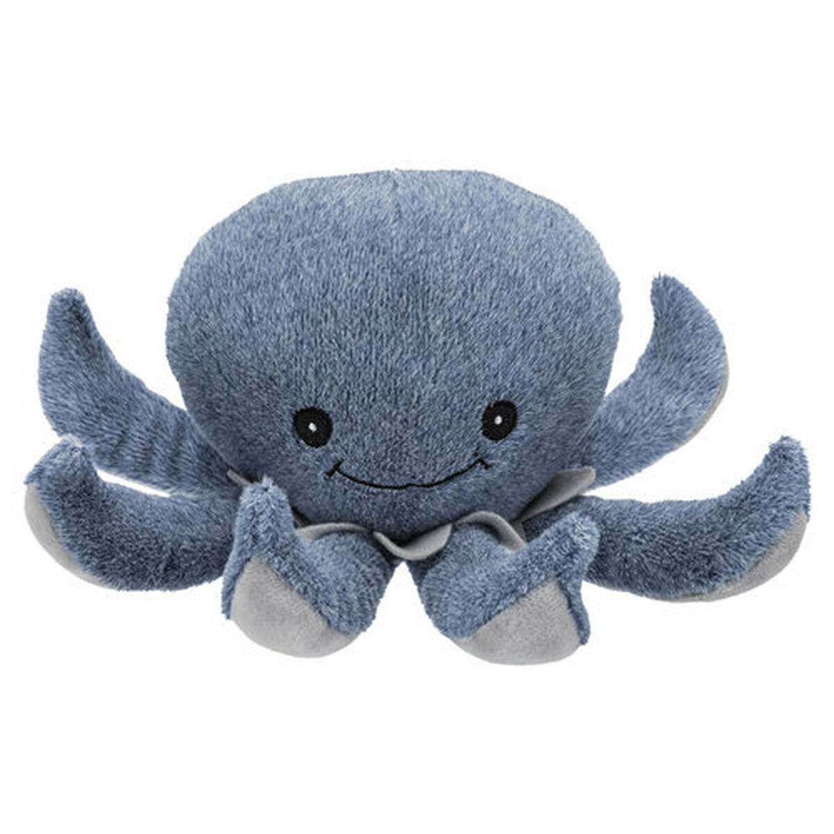 Ein blauer Plüschoktopus mit einem lächelnden Gesicht. Es hat acht Arme und graue Akzente an den Armen und am Kopf.