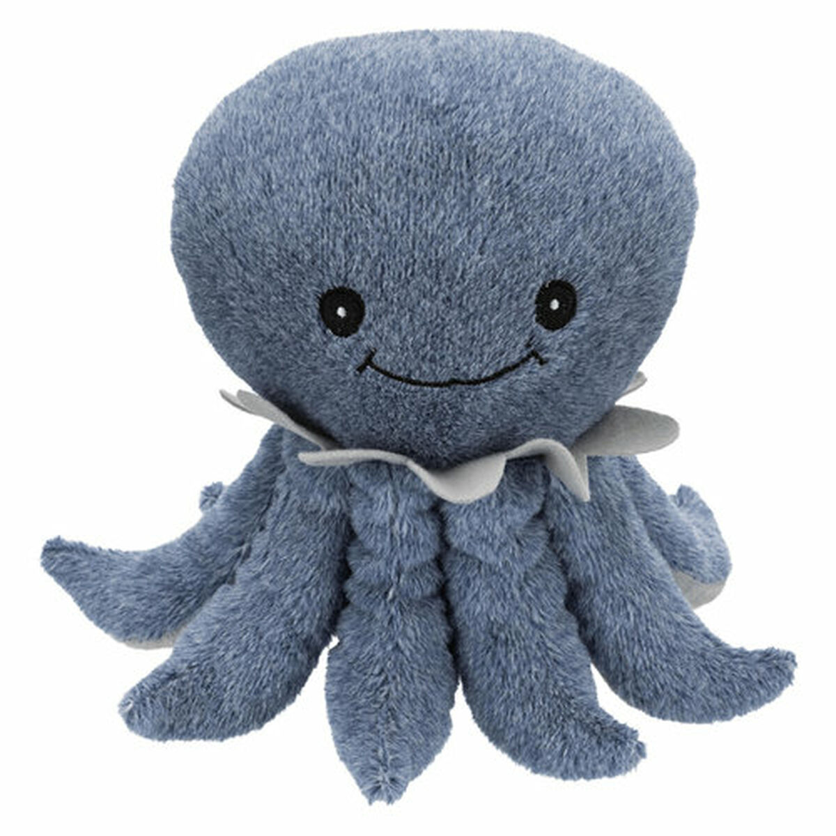 Ein blaues Plüsch-Oktopus mit einem lächelnden Gesicht. Es hat schwarze Augen und einen weißen Kragen, vor weißem Hintergrund.