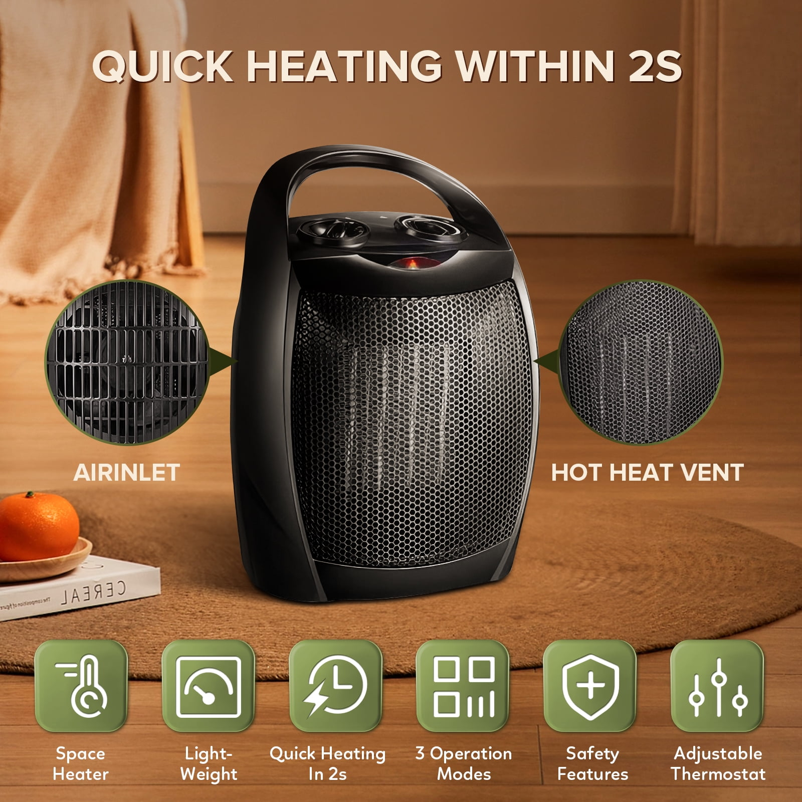 Schwarzer Heizlüfter mit Griff. Lufteinlass und Heißauslass gezeigt. Merkmale: Schnelles Heizen, 3 Modi, Sicherheitsmerkmale, einstellbarer Thermostat.