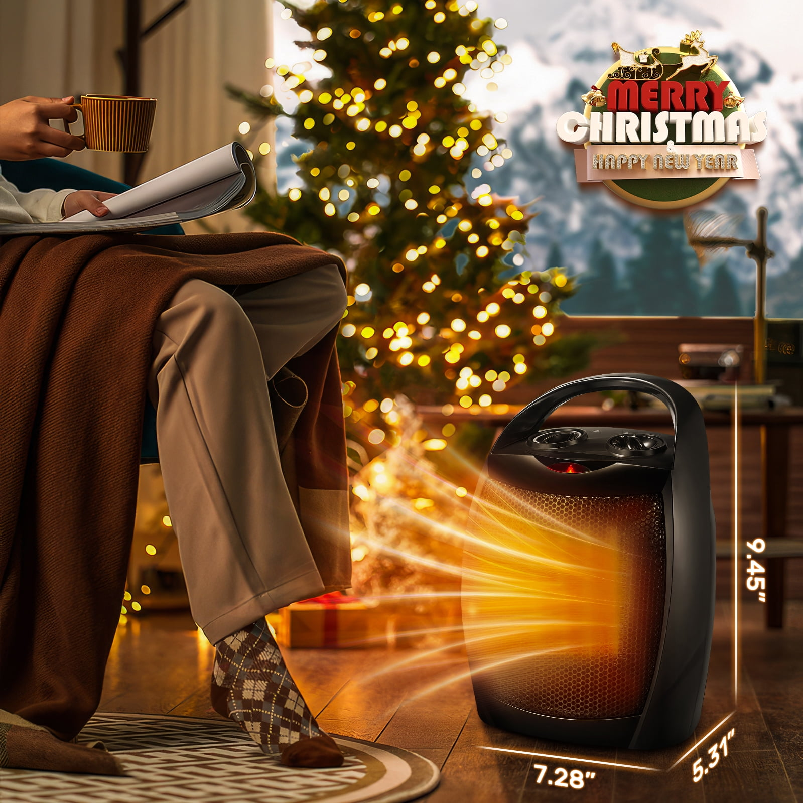 Eine Person liest in der Nähe eines Weihnachtsbaums, im Vordergrund steht eine Heizung. Frohe Weihnachten und ein gutes neues Jahr.