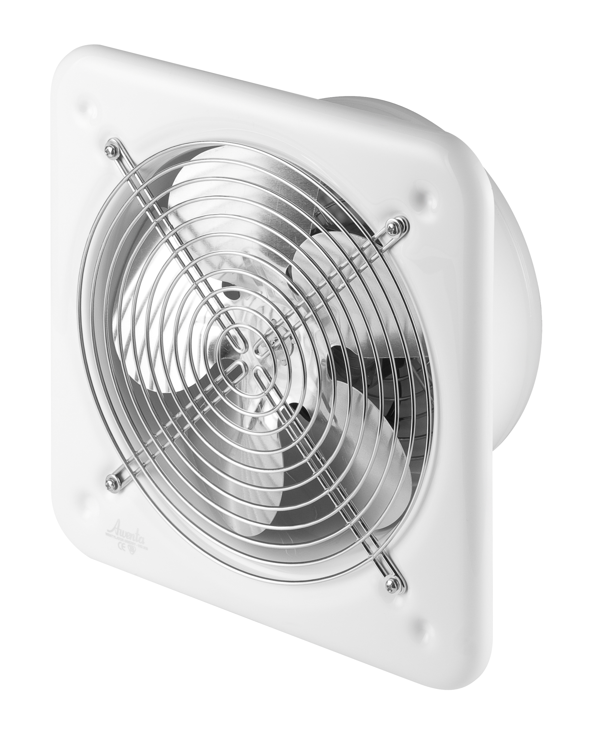 Un ventilatore di scarico bianco e quadrato con una griglia metallica. Le pale sono visibili all'interno. Lo sfondo è bianco.