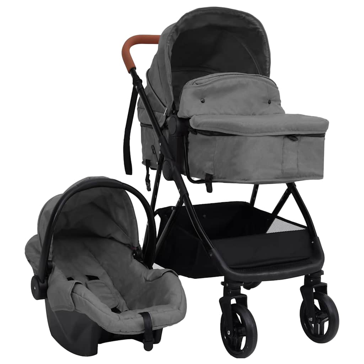 Ein graues Kinderwagen- und Autositz-Set. Der Kinderwagen hat ein Verdeck, Stauraum und vier Räder. Der Autositz ist abgenommen.
