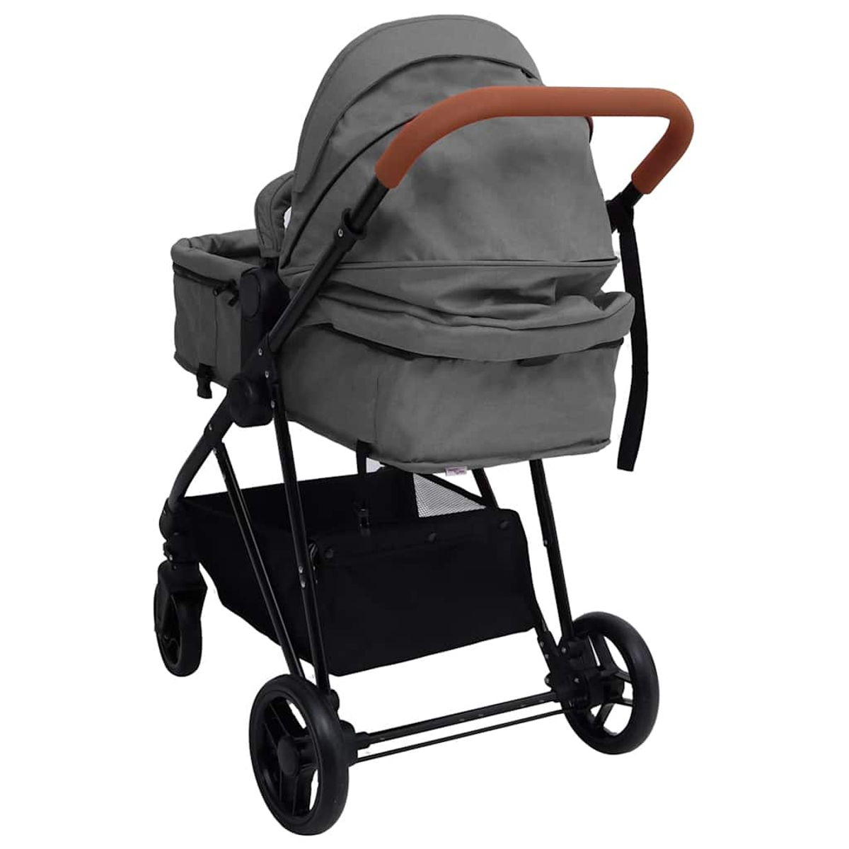 Ein grauer Kinderwagen mit braunem Griff. Er hat ein schwarzes Gestell, schwarze Räder und einen Ablagekorb darunter.