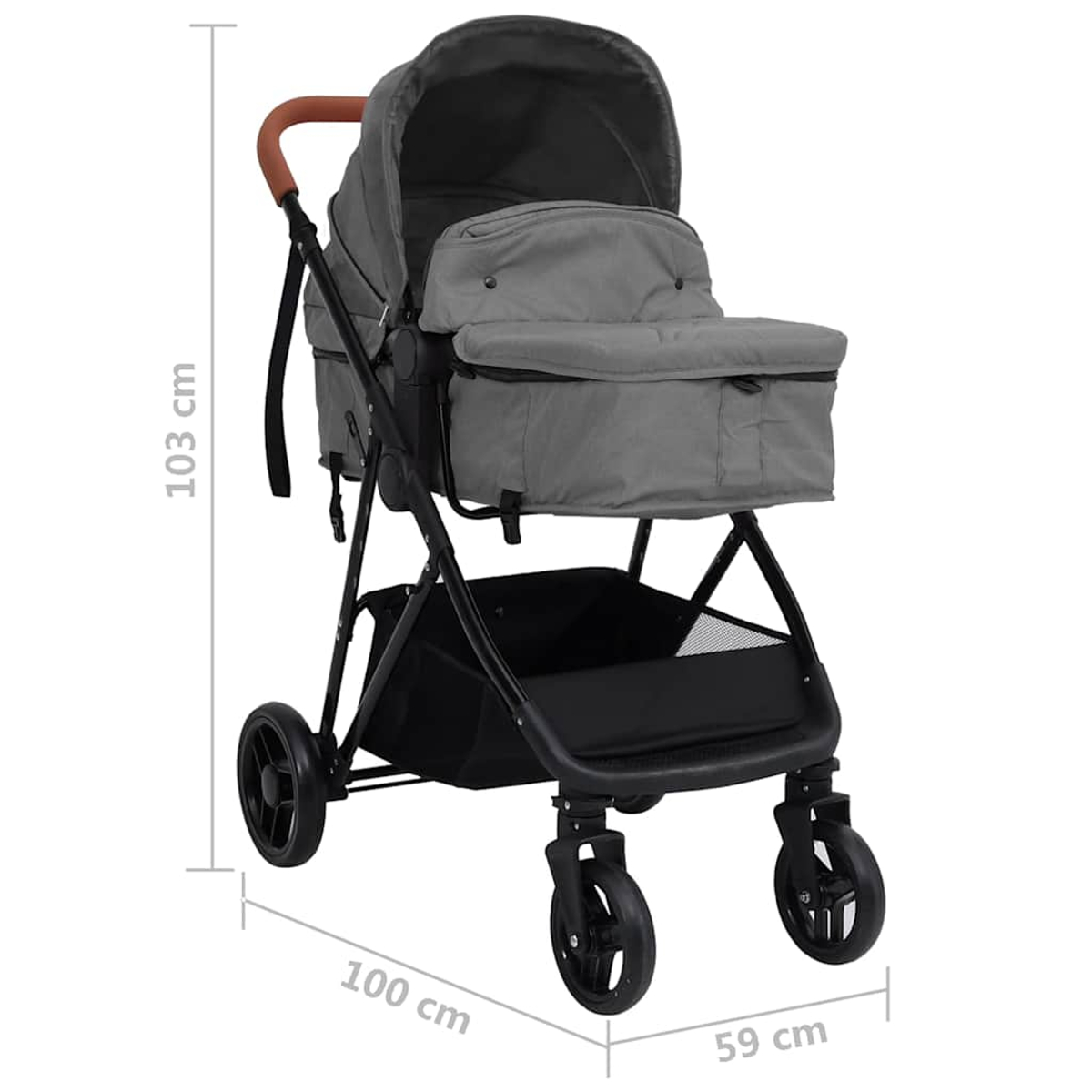 Ein grauer Tierkinderwagen mit schwarzem Rahmen und Rädern. Er hat eine Haube und einen Aufbewahrungskorb unter dem Sitz, brauner Griff.