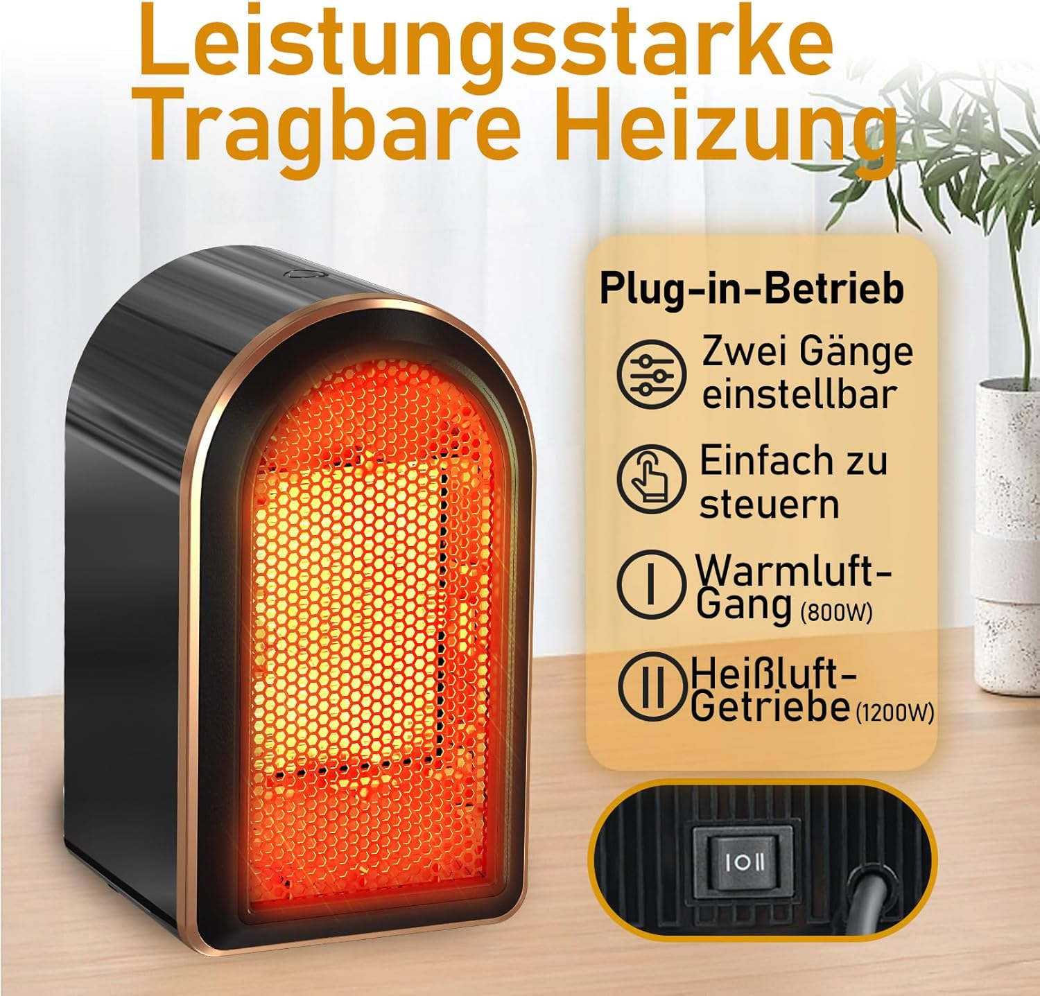 Ein tragbarer Schwarz-Gold-Heizlüfter mit Wabenmuster. Text enthält 'Plug-in-Betrieb' und Leistungseinstellungen.