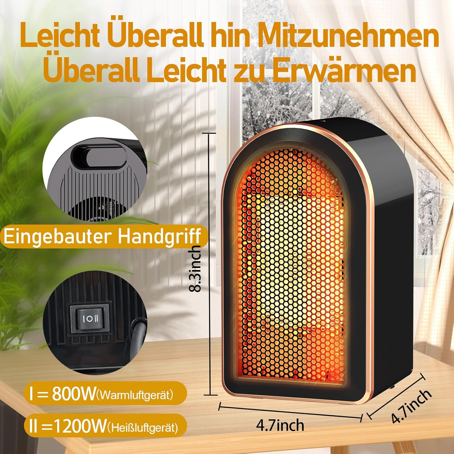 Ein schwarzer und kupferfarbener Heizlüfter steht auf einem Holztisch. Text hebt Funktionen hervor: eingebauter Griff, Leistungseinstellungen, Abmessungen.