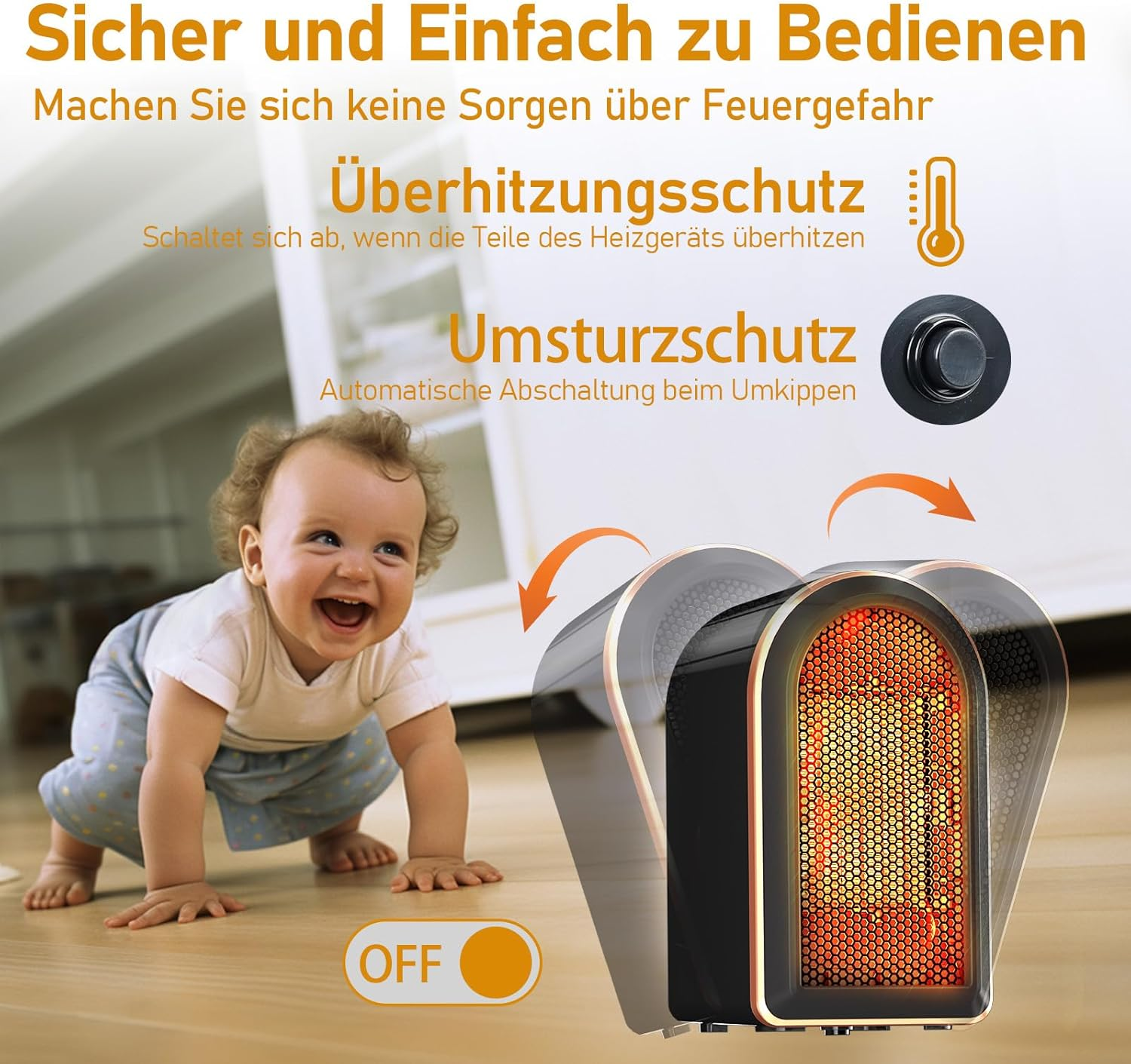 Ein Baby krabbelt auf eine Heizung zu, die mit 'OFF' gekennzeichnet ist. Die Heizung hat einen orangefarbenen Glanz und Sicherheitsmerkmale.