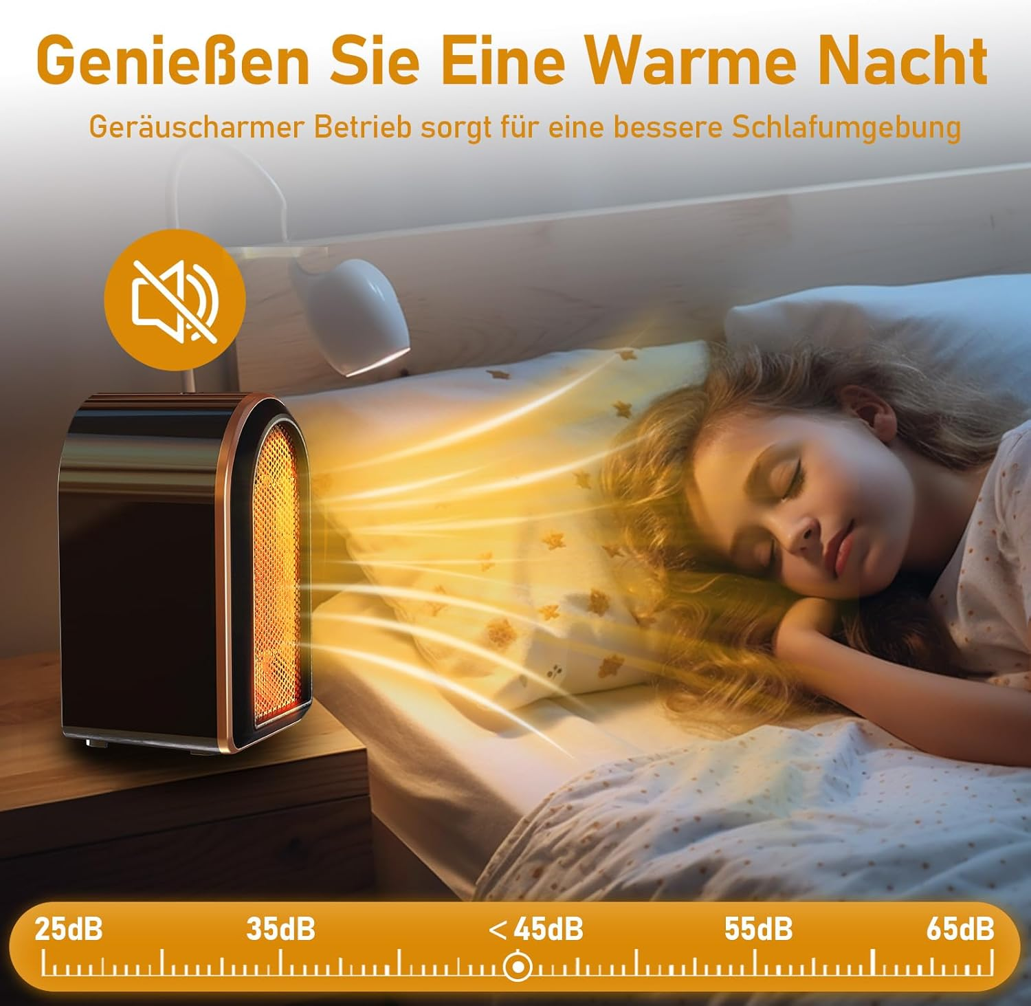 Ein schlafendes Mädchen im Bett neben einem Heizgerät. Das Heizgerät gibt warme Luft ab. Oben steht: 'Genießen Sie eine warme Nacht'.