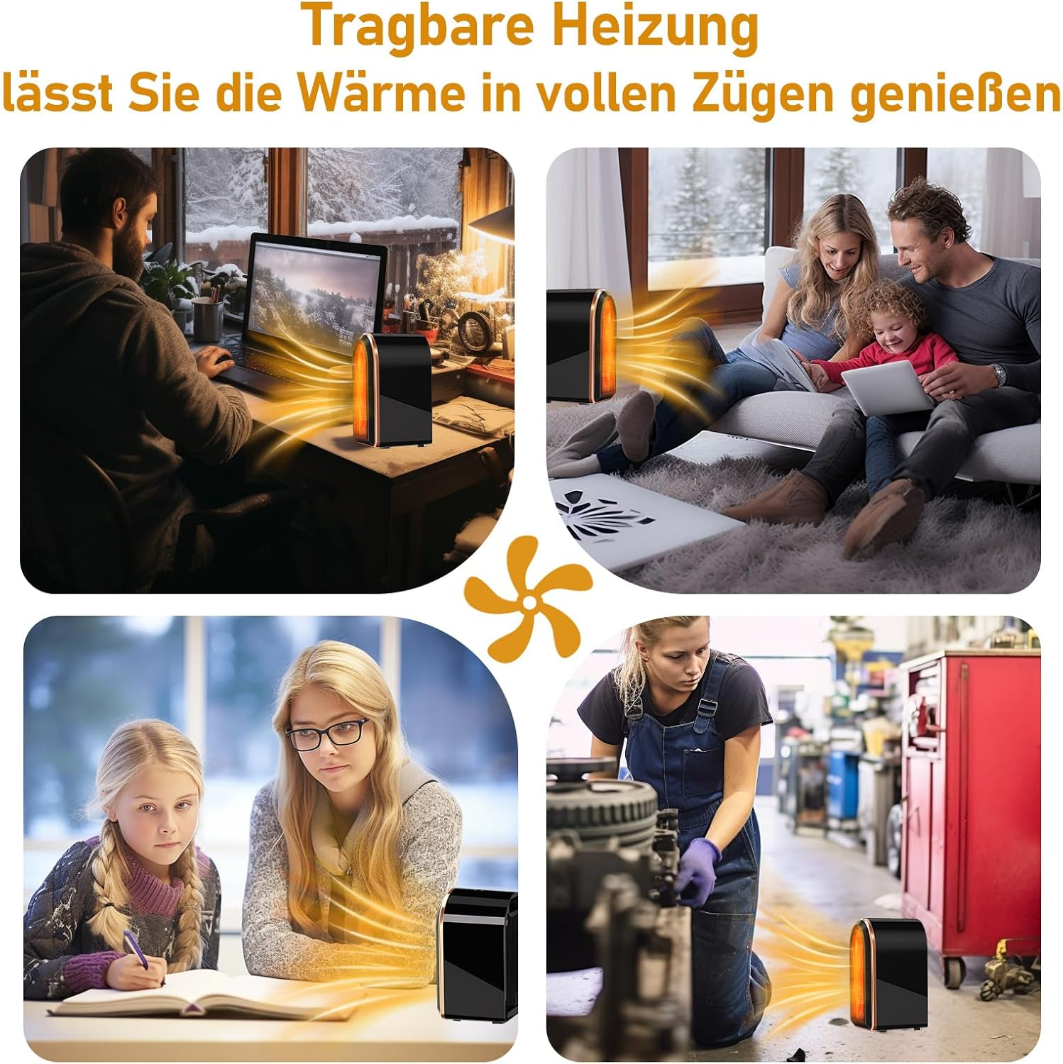 Das Bild zeigt eine tragbare Heizung in vier verschiedenen Umgebungen: Zuhause, Büro, Familie und Garage. Jede Szene hat einen schwarzen Heizlüfter.