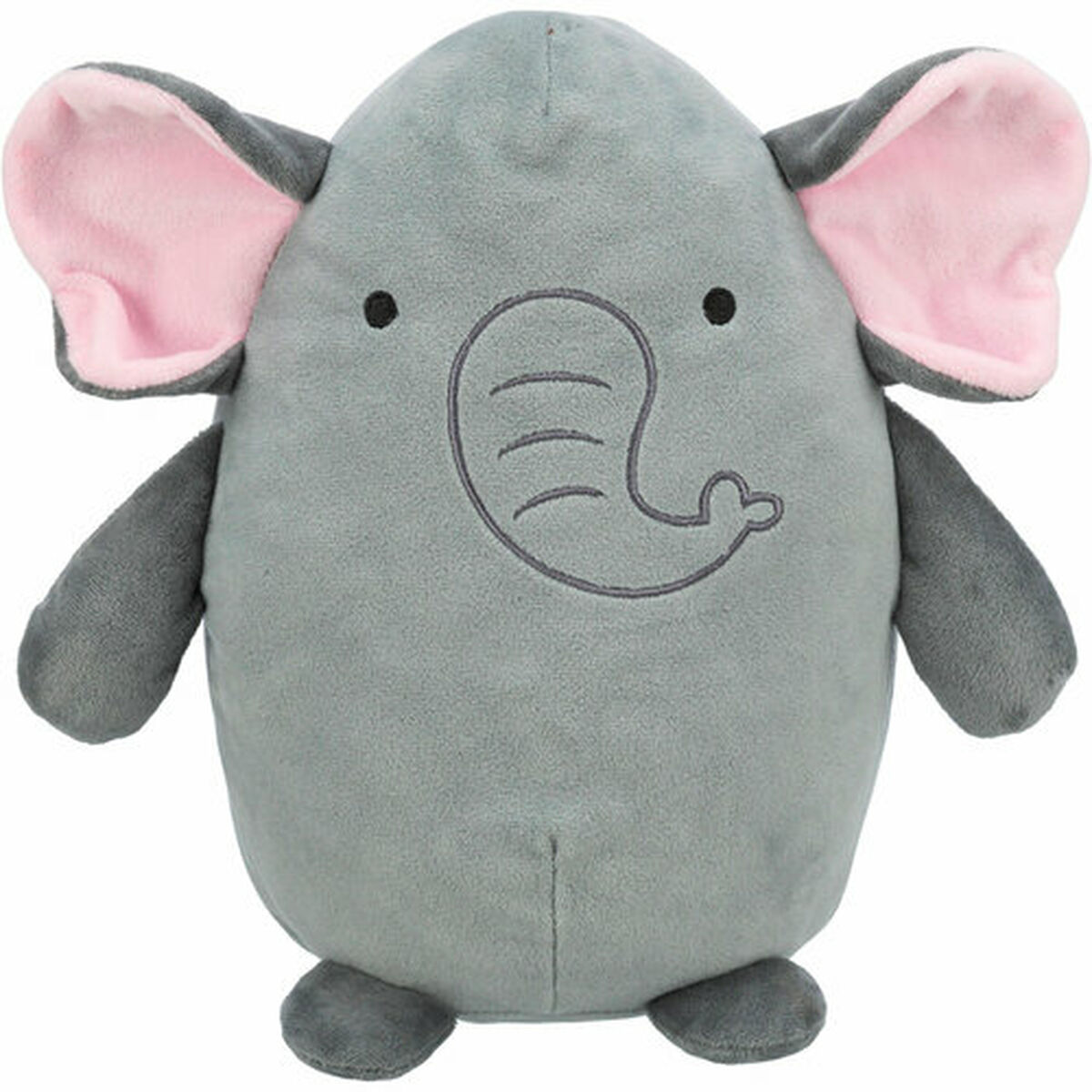 Un elefante di peluche grigio con orecchie interne rosa, occhi neri e una proboscide. Ha braccia e gambe piccole.
