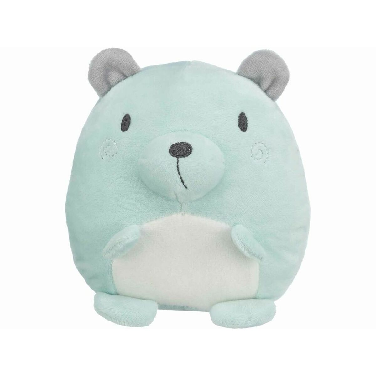 Un orsacchiotto di peluche azzurro con orecchie grigie e pancia bianca. Ha occhi neri e naso cucito.