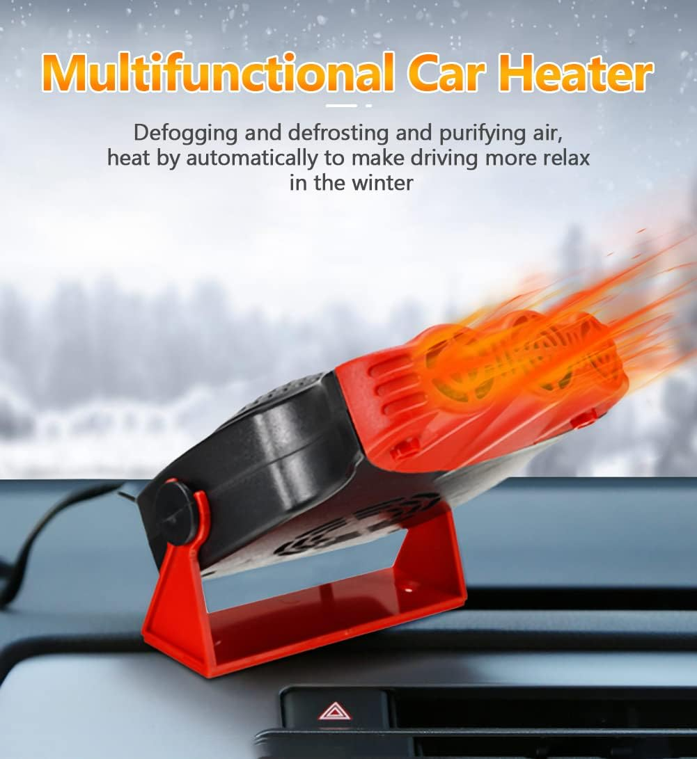 Ein rot-schwarzer Autoheizer mit orangefarbenen Flammen auf einem Armaturenbrett. Oben steht: 'Multifunktionaler Autoheizer'.