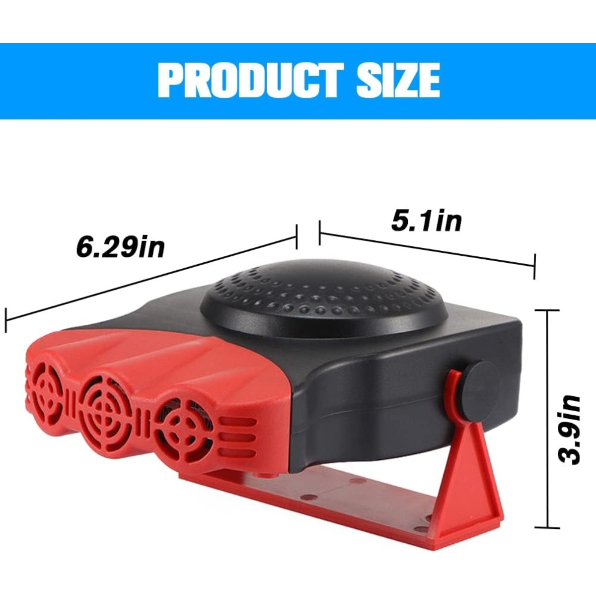 Eine rot-schwarze Autoheizung mit den Maßen: 6,29 Zoll x 5,1 Zoll x 3,9 Zoll. Sie hat ein Lüfterdesign mit Text zur Produktgröße.
