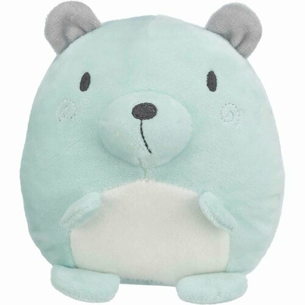 Un orsacchiotto rotondo e di peluche in celeste con orecchie grigie. Presenta pancia bianca, occhi neri e naso piccolo.