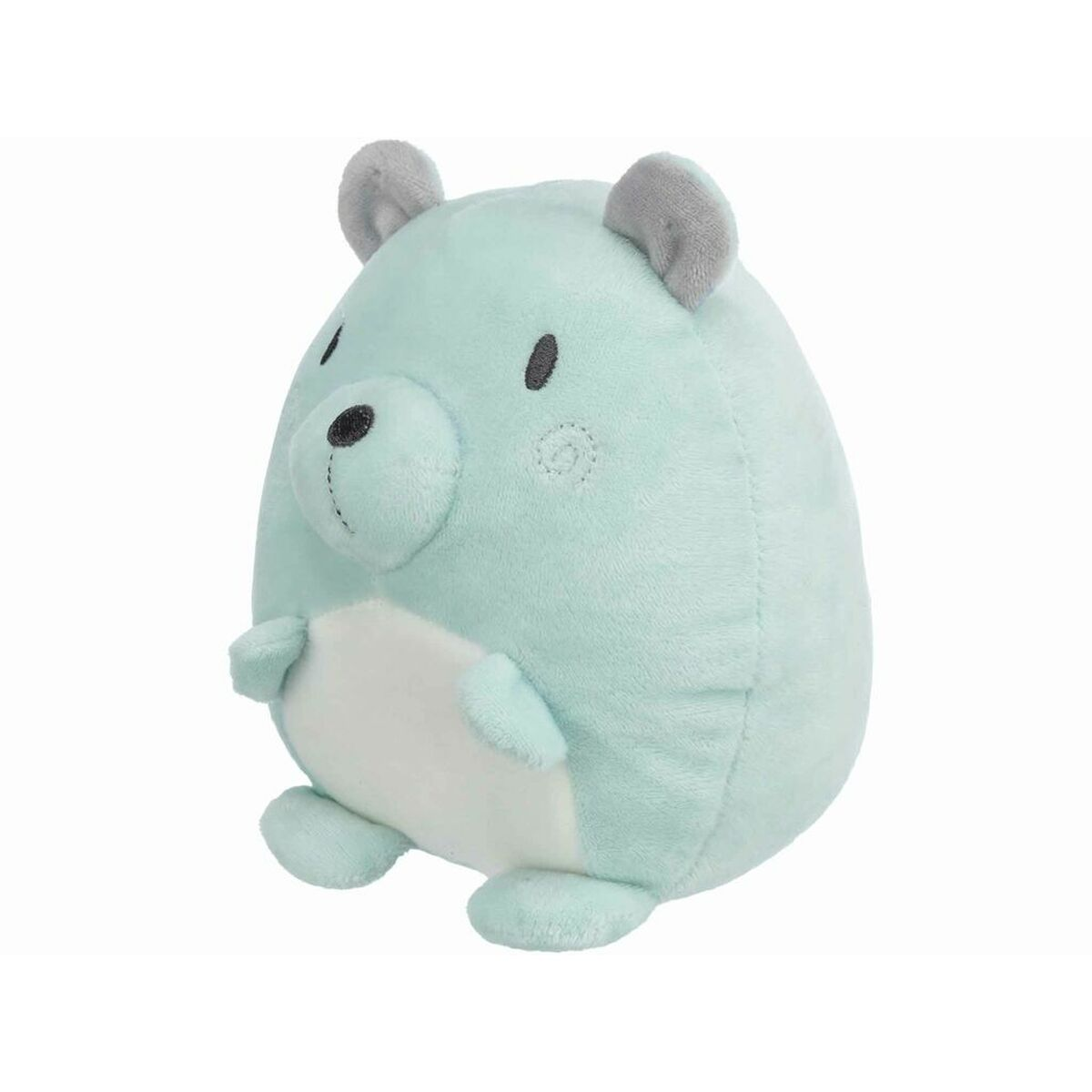 Un orsacchiotto di peluche azzurro con orecchie grigie. Ha una pancia bianca, occhi neri e una bocca nera cucita.