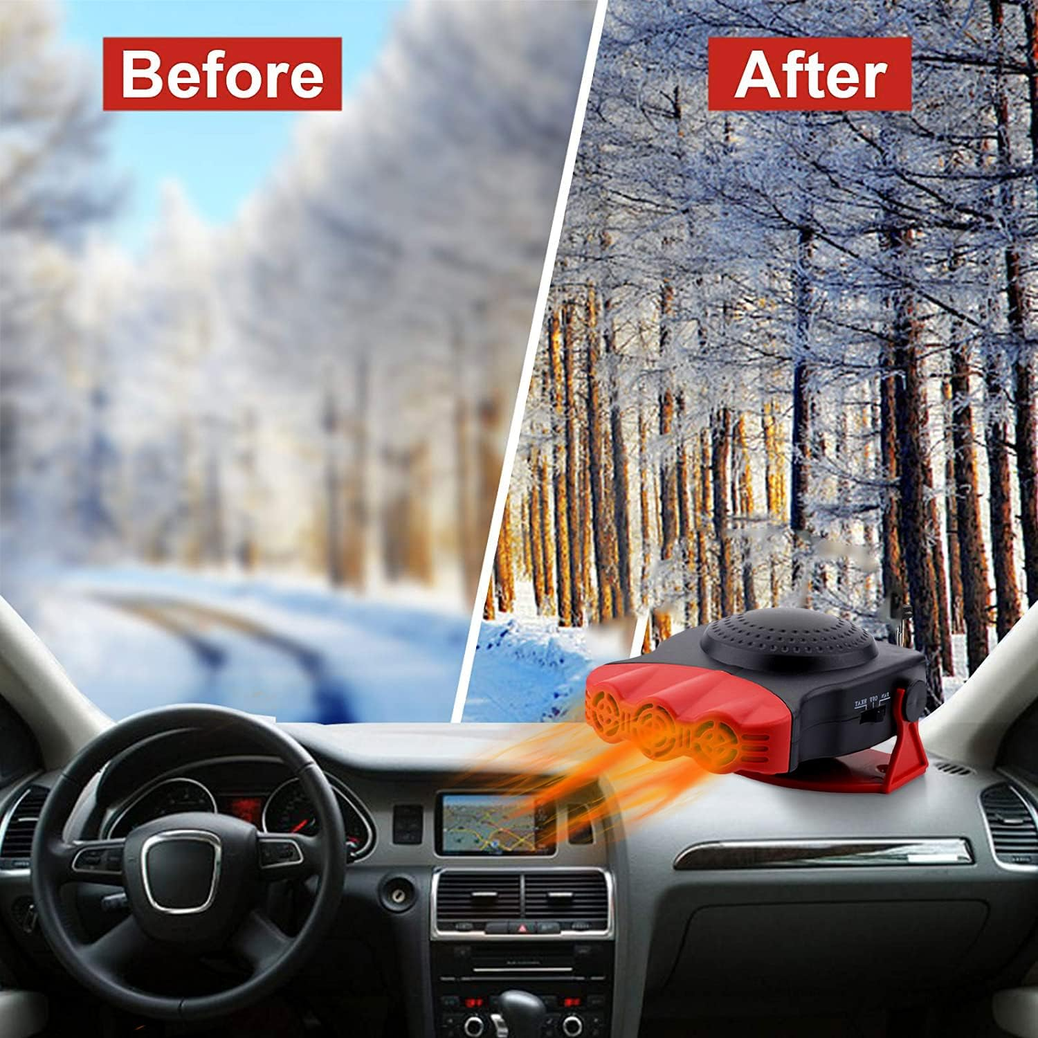 Vorher/Nachher-Vergleich: verschneite Straße/Bäume vs. Auto-Innenraum mit Heizung. Heizung emittiert orangefarbene Luft. Lenkrad sichtbar.